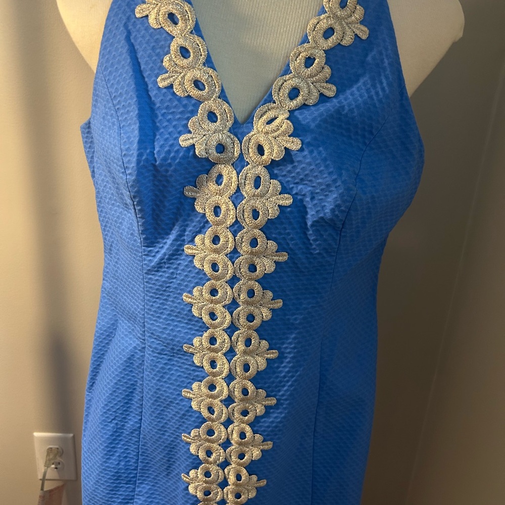 Lilly Pulitizer Blue Dress with Gold Embroidery Size 6 - Picture 6 of 7
